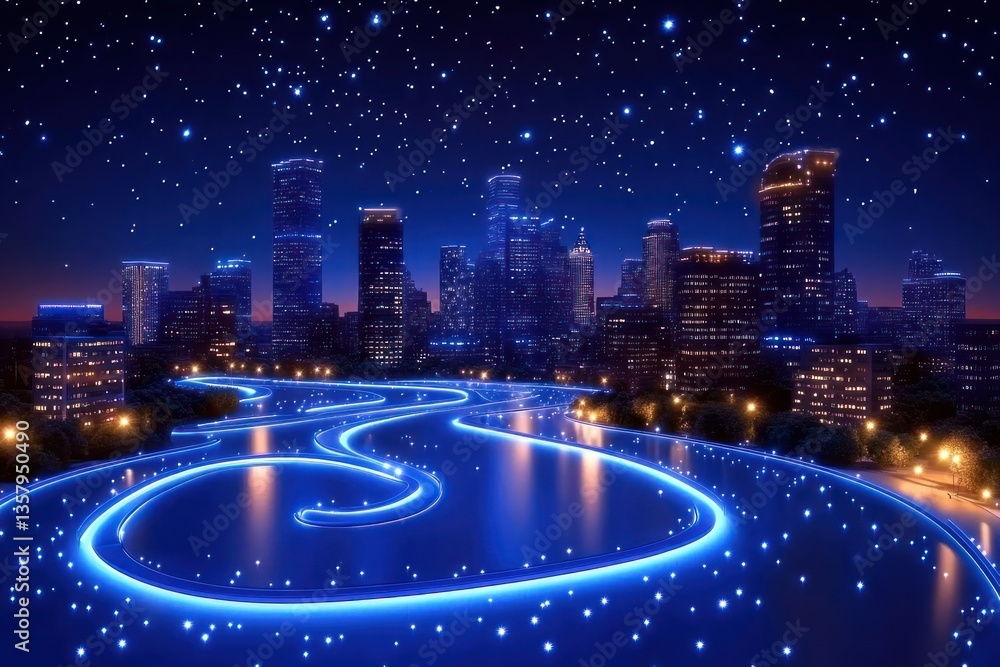 Fototapeta premium Night City Skyline Illuminated With Blue Lights