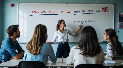 Teacher explaining American and British spelling to students in language school classroom