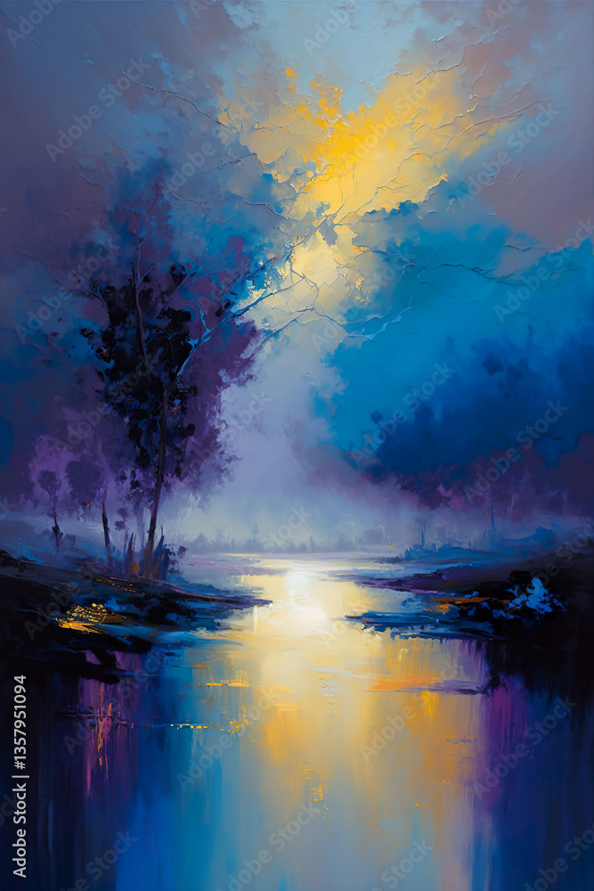 Fototapeta premium Abstract landscape artwork, tranquil river, glowing skies, and moody forests. Impressionistic scene blends vibrant color gradients with textural brushstrokes