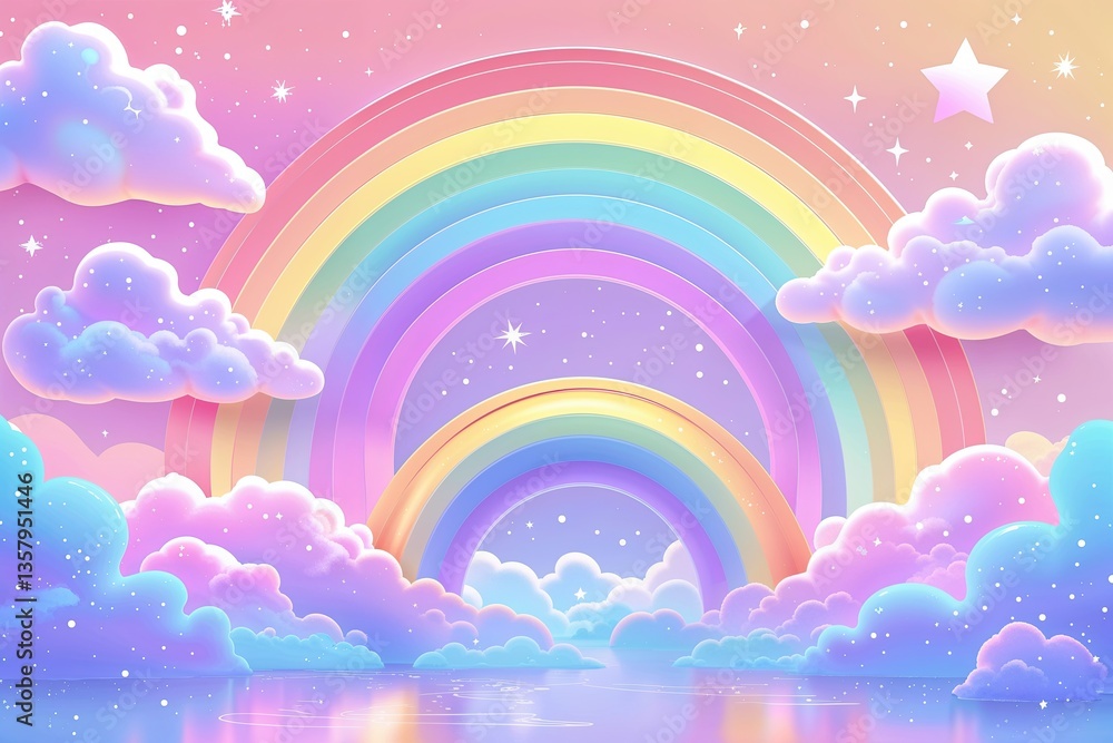 Fototapeta premium Dreamy Holographic Rainbow Background with Clouds and Stars in Pastel Sky Magical Abstract Landscape Illustration