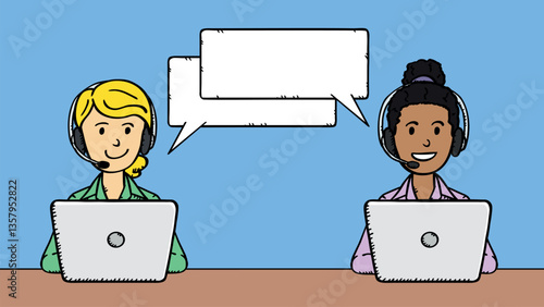 Vector graphics of female employees sitting at laptops. The characters are working on laptops and wearing headphones with microphones. There are speech bubbles next to their heads.