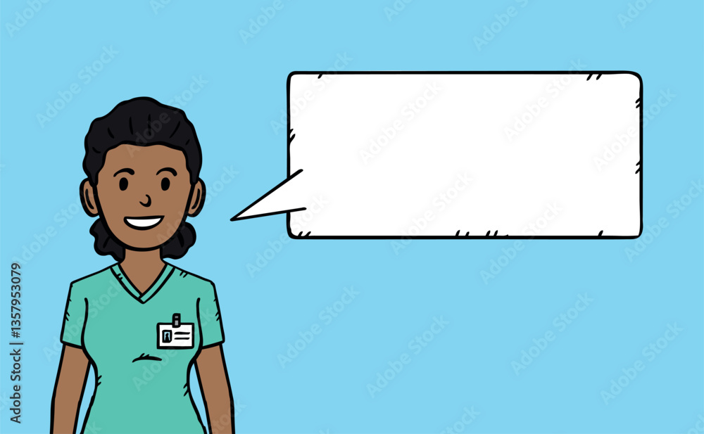 Nurse with speech cloud. Cloud has blank space to fill. Hand drawn vector graphic. Nurse with speech cloud. Cloud has blank space to fill. Hand drawn vector graphic.