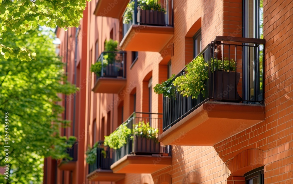 Fototapeta premium Sunlit Apartment Building Balconies With Green Plants