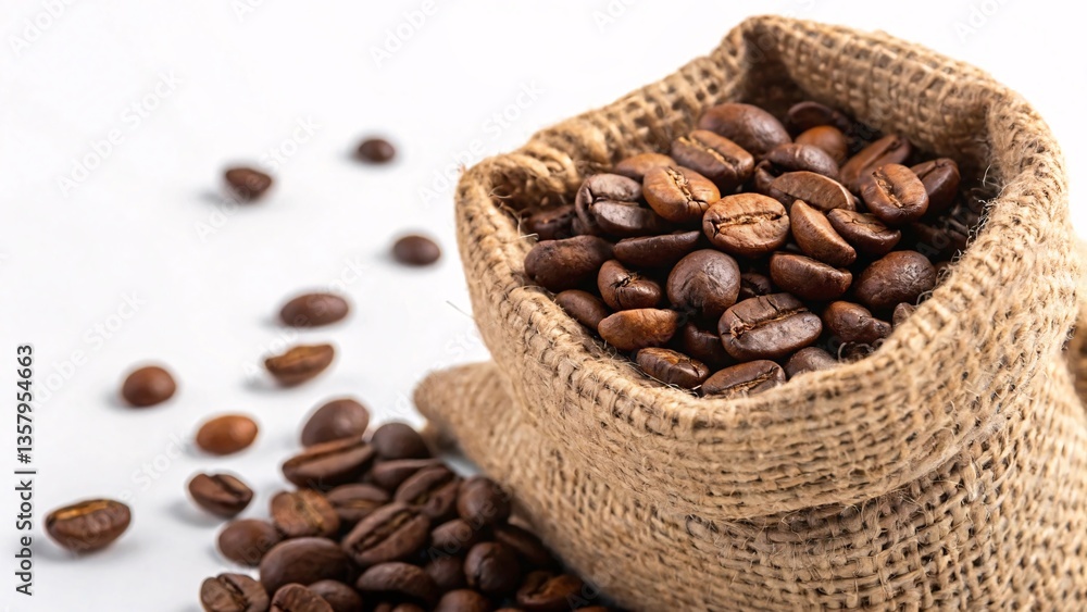 Fototapeta premium Burlap sack spilling aromatic roasted coffee beans on white surface. Created with Ai