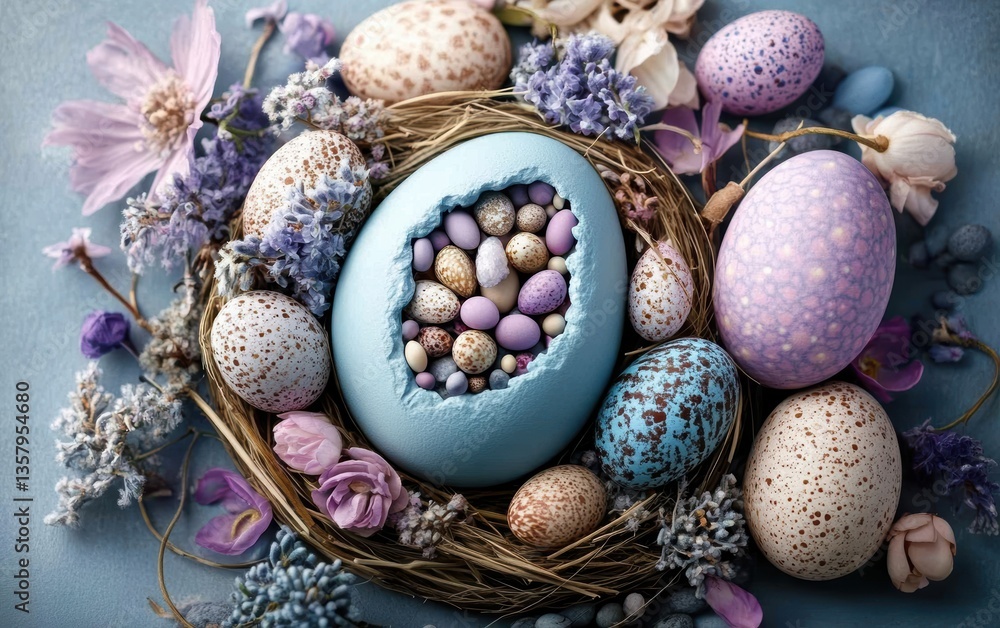 A blue egg with a hole sits among vibrant flowers, symbolizing Easter's renewal and beauty. A blue egg with a hole sits among vibrant flowers, symbolizing Easter's renewal and beauty.