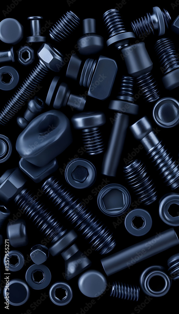 Dark blue metallic hardware assortment, various screws, bolts, nuts, and washers against black background Dark blue metallic hardware assortment, various screws, bolts, nuts, and washers against black background