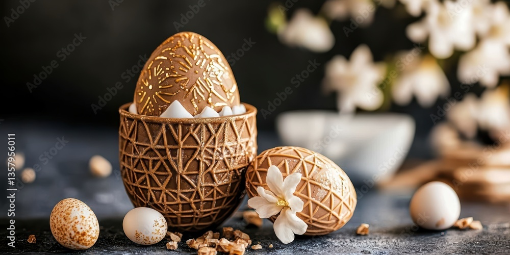 Three decorated eggs sit in a basket surrounded by colorful flowers and a vase. Three decorated eggs sit in a basket surrounded by colorful flowers and a vase.