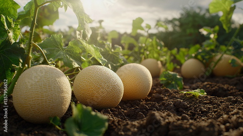 Fresh melons growing in fertile soil under soft sunlight  