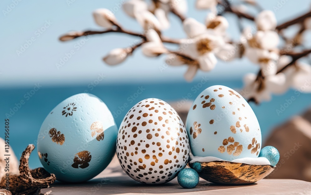 Three beautifully designed golden eggs rest on a table by the ocean's edge.