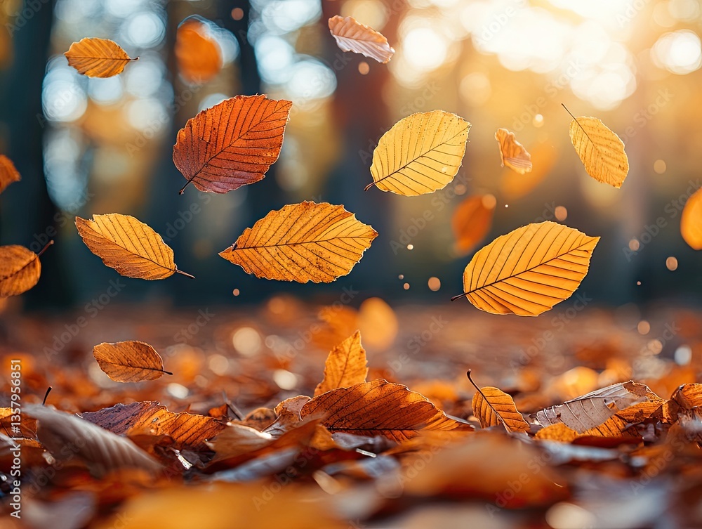 Falling autumn leaves in golden sunlight, bokeh background. Perfect for autumn, nature, or seasonal designs. Falling autumn leaves in golden sunlight, bokeh background. Perfect for autumn, nature, or seasonal designs.