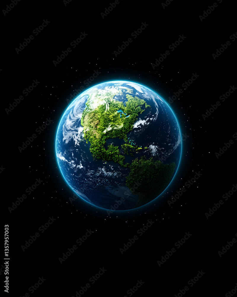 Earth, glowing blue planet in space, continents visible Earth, glowing blue planet in space, continents visible