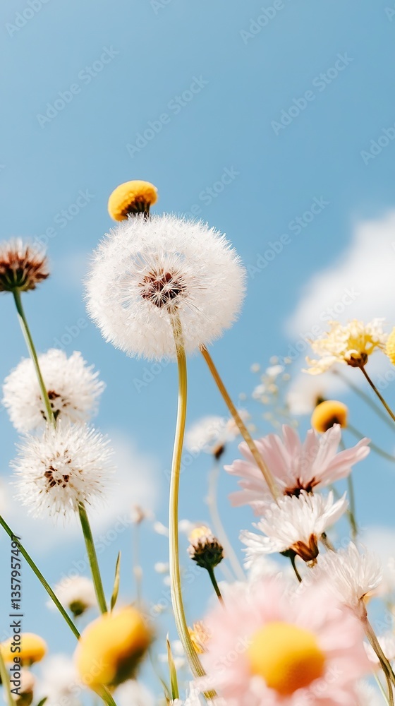 Obraz premium White dandelion and wildflowers against a clear blue sky