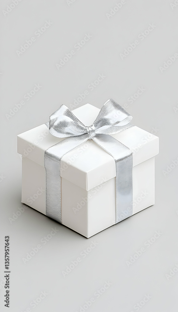 Fototapeta premium Elegant white gift box with silver ribbon (1)