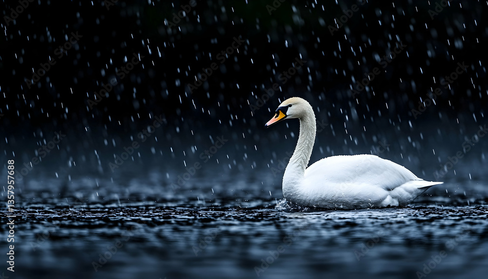 Fototapeta premium Elegant white swan gracefully glides on dark water under heavy rain