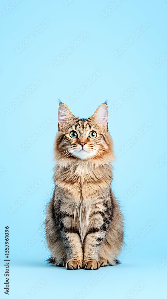 Fototapeta premium Fluffy longhair cat sitting on light blue background