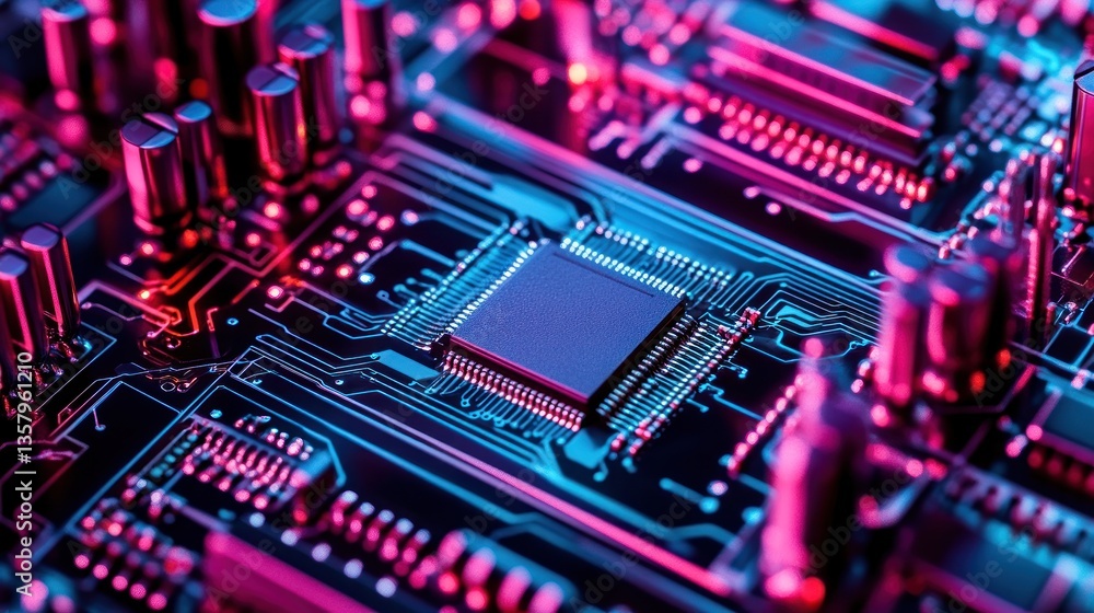 HighTech Circuit Board with Neon Lighting A Detailed View of Modern Electronics and Microchip HighTech Circuit Board with Neon Lighting A Detailed View of Modern Electronics and Microchip