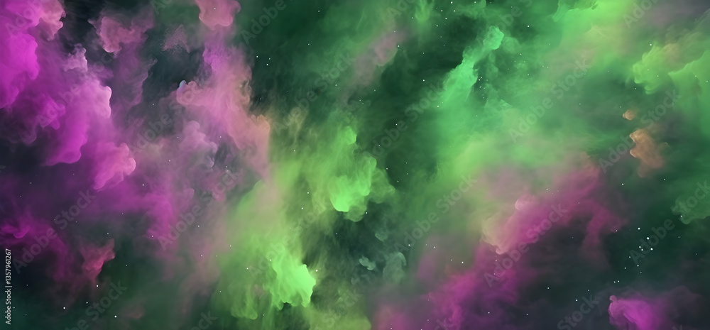 Fototapeta premium Colorful cosmic nebula swirling in vibrant shades of green and pink against a dark background