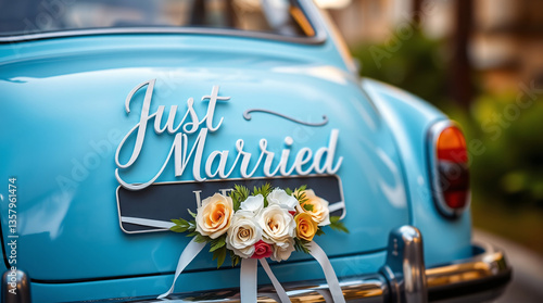 Wedding, Car, Just Married, Sign, Flowers, Roses, Ribbon, Decoration, Celebration, Love, Joy, Happiness, Romance, Bride, Groom, Marriage, Ceremony, Reception, Transportation, Vintage, Classic, Elegant