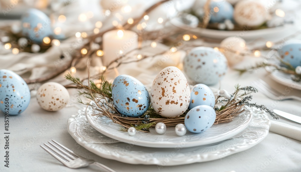 Obraz premium A collection of blue and white eggs arranged neatly on a pristine white plate, showcasing a visually appealing contrast and delicate design.