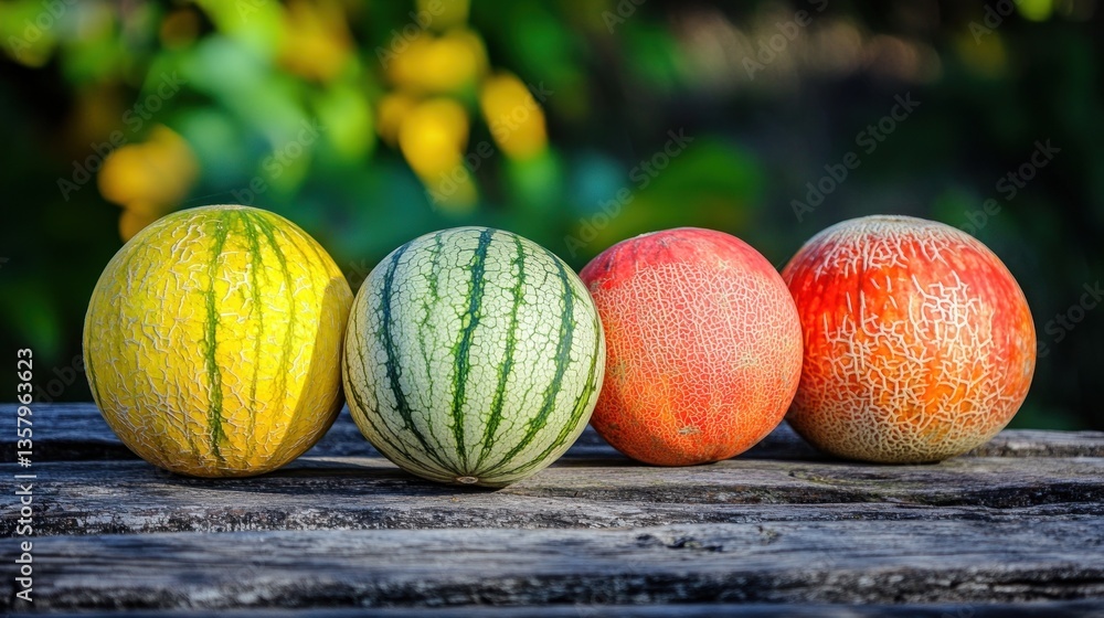 Colorful melons on weathered wood, garden bokeh Colorful melons on weathered wood, garden bokeh