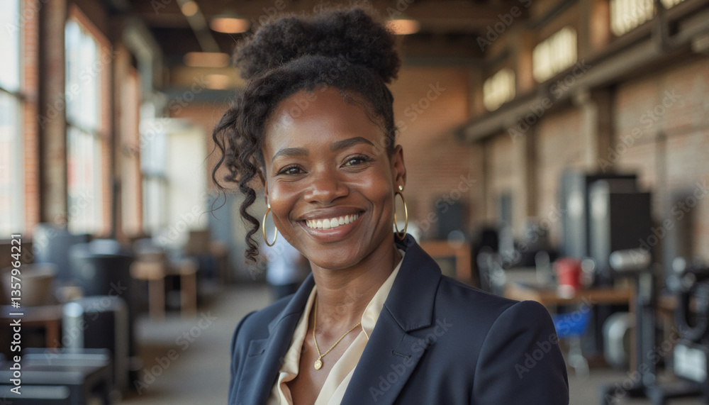 Portrait headshot photo of diverse friendly people: A confident Black woman smiles warmly while standing in a bright, modern office space with large windows. Portrait headshot photo of diverse friendly people: A confident Black woman smiles warmly while standing in a bright, modern office space with large windows.