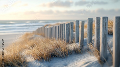 Fototapeta Naklejka Na Ścianę i Meble -  A solitary wooden fence running along the edge of the beach dunes with sand blowing in the breeze, creating a quiet and reflective atmosphere under late afternoon light.