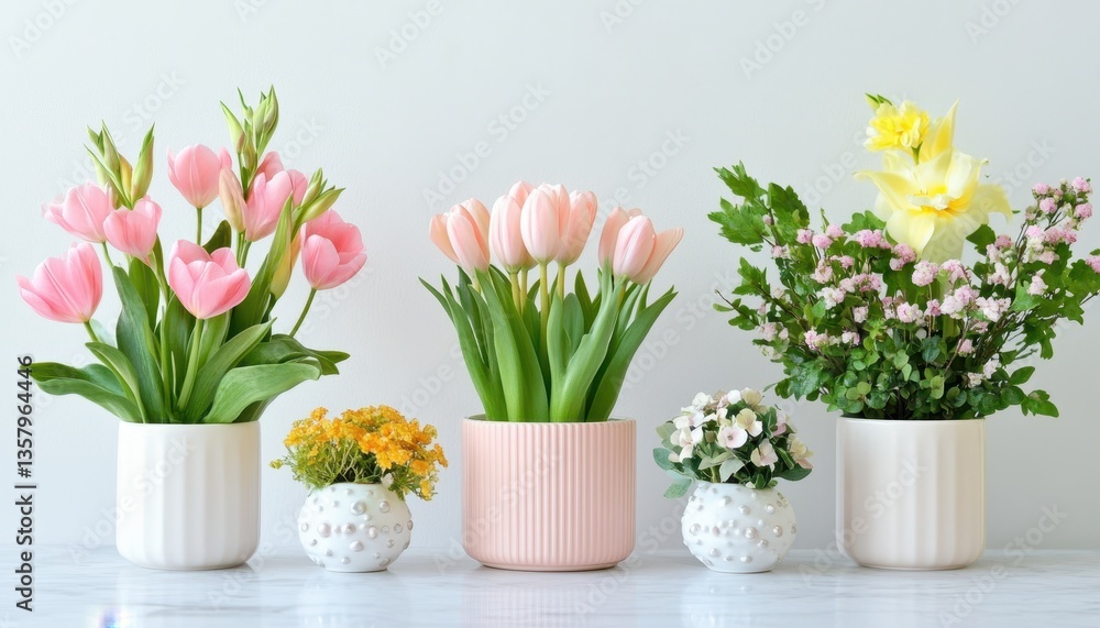 Four elegant vases filled with vibrant flowers are arranged artfully on a decorative table, creating a charming and inviting atmosphere. Four elegant vases filled with vibrant flowers are arranged artfully on a decorative table, creating a charming and inviting atmosphere.