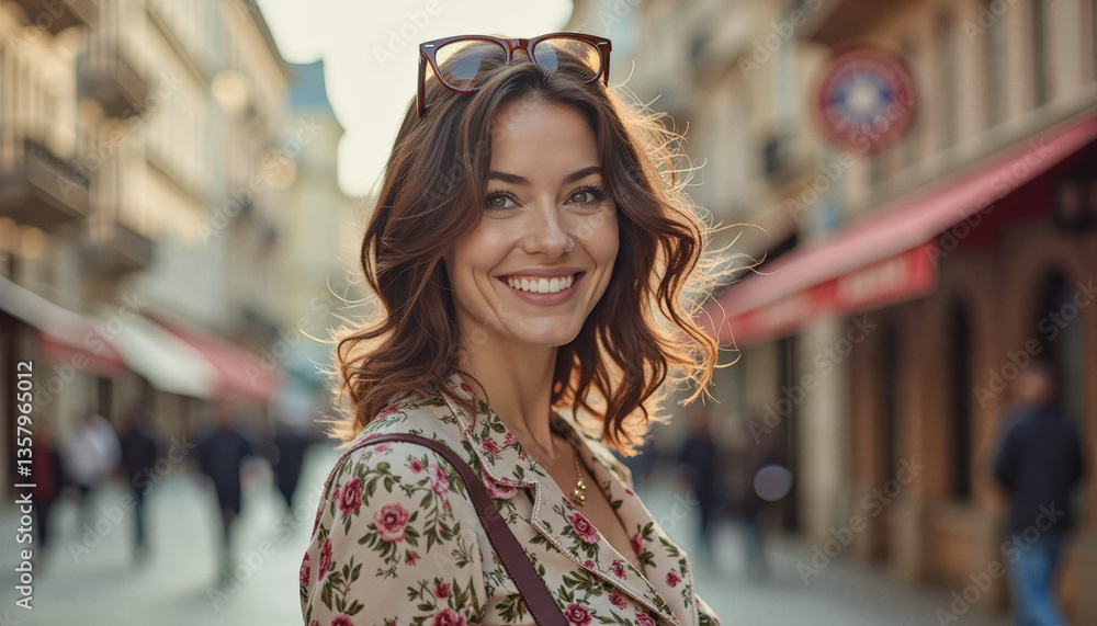Portrait headshot photo of diverse friendly people: A smiling woman with wavy brown hair and tortoiseshell glasses confidently looks over her shoulder while walking down a sunlit European street. Portrait headshot photo of diverse friendly people: A smiling woman with wavy brown hair and tortoiseshell glasses confidently looks over her shoulder while walking down a sunlit European street.
