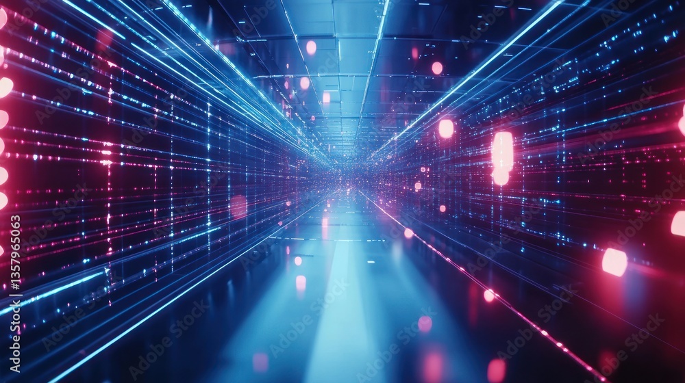 Obraz premium Futuristic digital tunnel, glowing lines, data stream, vibrant lights
