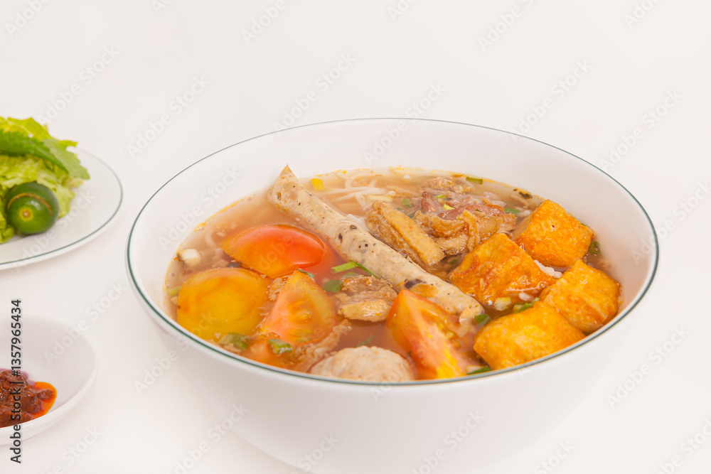 Bun Rieu Cua, Crab paste vermicelli soup with minced shrimp, tofu, tomato, shrimp paste, Vietnamese food isolated on white background, close up Bun Rieu Cua, Crab paste vermicelli soup with minced shrimp, tofu, tomato, shrimp paste, Vietnamese food isolated on white background, close up