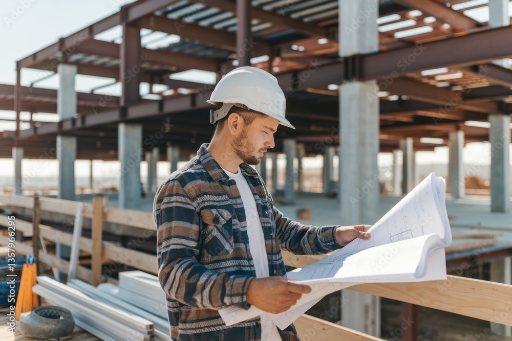 Construction worker examines blueprints on site of steel structure building project during sunny day Construction worker examines blueprints on site of steel structure building project during sunny day