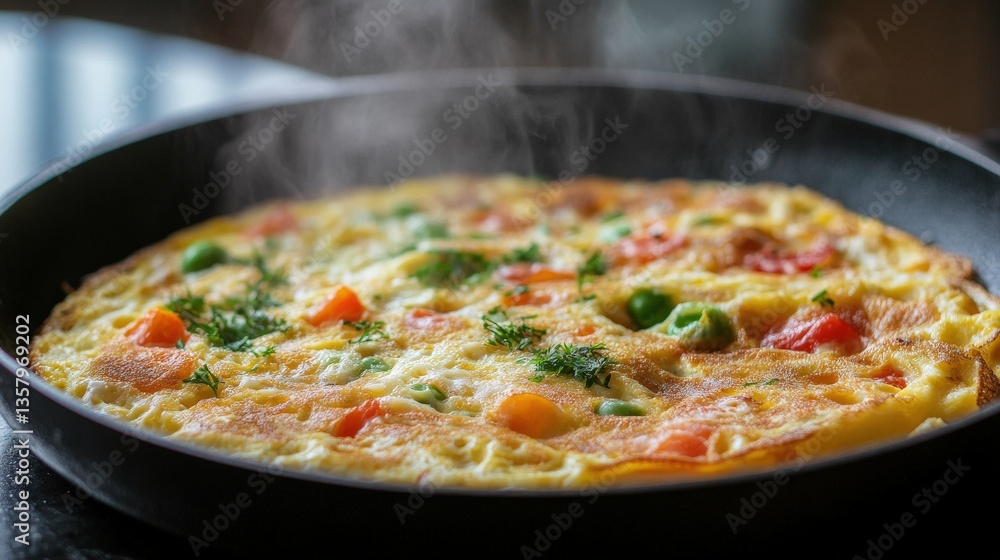 A Steaming Omelette Containing Vegetables Being Cooked In A Pan A Steaming Omelette Containing Vegetables Being Cooked In A Pan