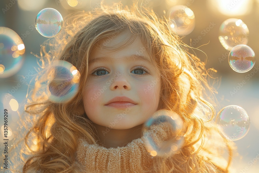 Child plays with bubbles in a sunlit park during golden hour, capturing a moment of joy and wonder Child plays with bubbles in a sunlit park during golden hour, capturing a moment of joy and wonder