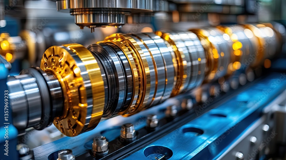 Fototapeta premium Close-up of gold and silver industrial parts during manufacturing process. Illustrates precision engineering, automation, and high-tech manufacturing.