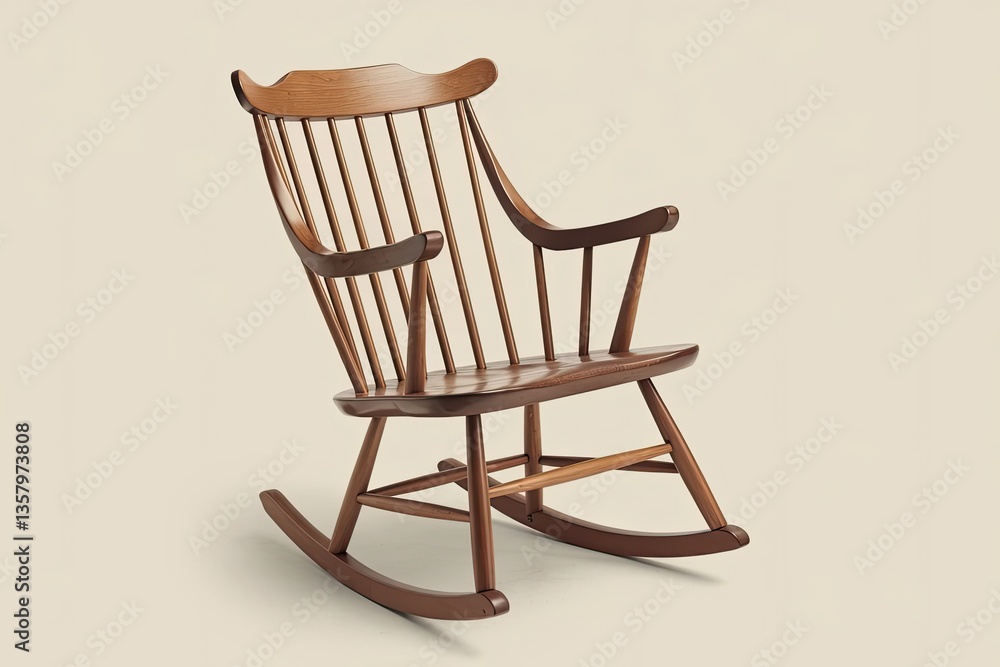 Elegant Walnut Rocking Chair, Warm Studio Lighting, Classic Design, Smooth Wood Finish, Simple Isolated Composition, Light Beige Background, Cozy Aesthetic Elegant Walnut Rocking Chair, Warm Studio Lighting, Classic Design, Smooth Wood Finish, Simple Isolated Composition, Light Beige Background, Cozy Aesthetic