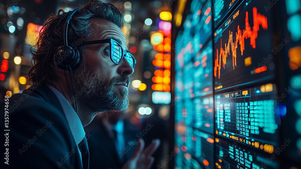 Obraz premium Trader professionnel sur une place boursière dynamique – Analyse des marchés financiers en temps réel