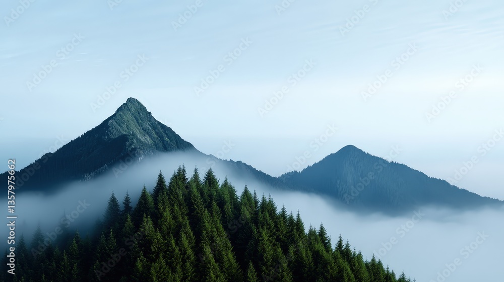 Stunning Mountain Scenery with Lush Greenery and Misty Peaks Stunning Mountain Scenery with Lush Greenery and Misty Peaks