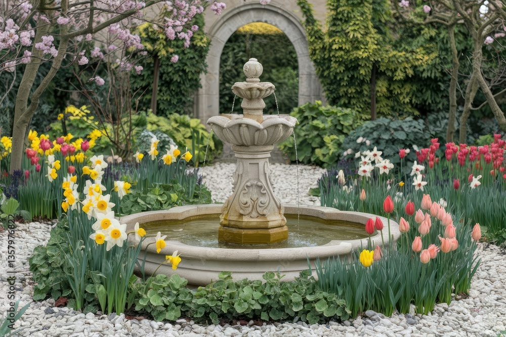 Obraz premium A Soft, Pastel Palette of Yellows, Pinks, and Whites in a Tranquil, Verdant Setting under an Archway