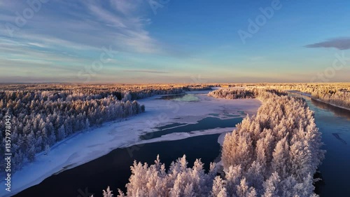 Drone coucher de soleil sur lac gélé et forêt Laponie Finlandaise