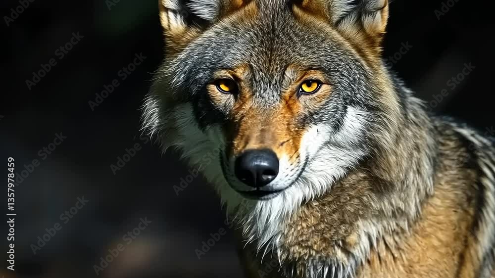 A close-up portrait of a coyote standing near water, with a blurred forest background A close-up portrait of a coyote standing near water, with a blurred forest background