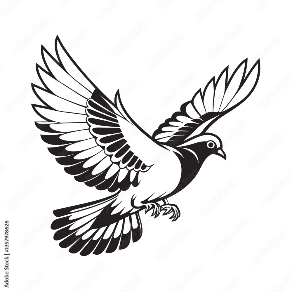 Fototapeta premium Flying Pigeon Illustration - Elegant Bird Vector Art in Black and White