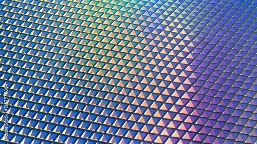 Close-Up Geometric Abstract with Blue, Green, and Purple Reflective Triangles in a Grid Pattern