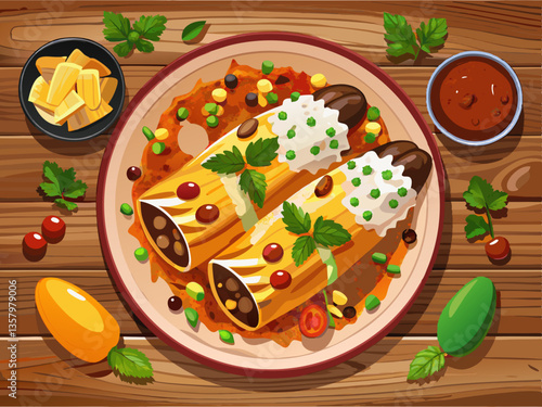 vector of  Mexican food Black Bean and Rice Enchiladas Dish top view on a wood background
