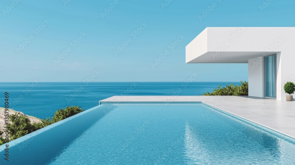 Fototapeta premium Luxury home minimalist and exclusive, A modern villa with an infinity pool overlooks a serene ocean, showcasing sleek architecture and a tranquil blue sky.