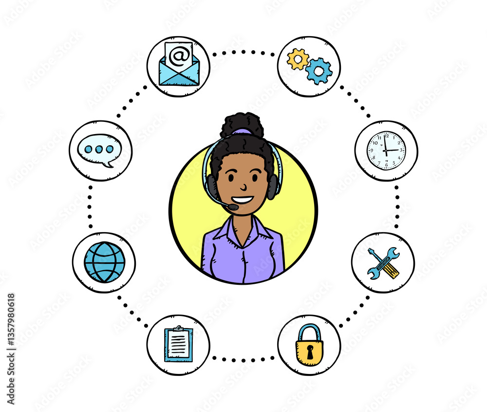 Illustration in doodle style. Avatar of a smiling businesswoman with headphones. Around the character are icons of a clock, a padlock, an email, a notebook, a globe, a comment bubble, and a gear. Illustration in doodle style. Avatar of a smiling businesswoman with headphones. Around the character are icons of a clock, a padlock, an email, a notebook, a globe, a comment bubble, and a gear.