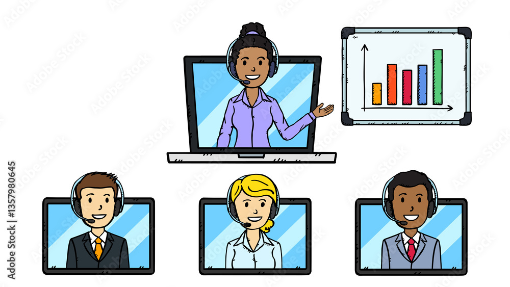 Illustration graphics in sketch style. Smiling businesswoman on laptop at flipchart. Below on tablets are photos of colleagues from work. Virtual team meeting. Online chat. Illustration graphics in sketch style. Smiling businesswoman on laptop at flipchart. Below on tablets are photos of colleagues from work. Virtual team meeting. Online chat.
