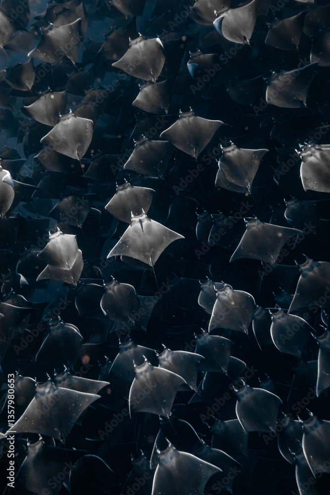 Obraz premium Large group of Mobula rays swimming underwater