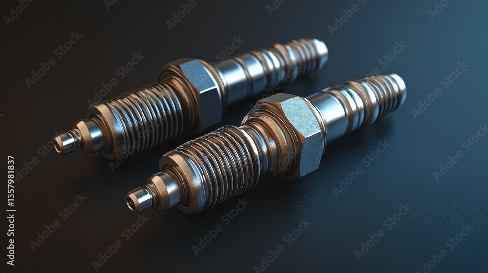 Two metallic spark plugs on dark surface. Illustrates automotive parts; ideal for repair manuals. Two metallic spark plugs on dark surface. Illustrates automotive parts; ideal for repair manuals.
