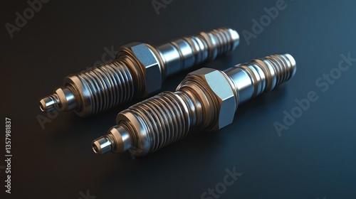 Two metallic spark plugs on dark surface. Illustrates automotive parts; ideal for repair manuals.