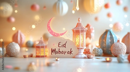 Eid mubarak celebration with lanterns and moon decorations for islamic festival and ramadan kareem greeting